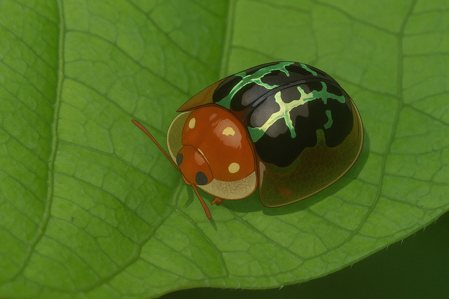 Green Iridescent Beetle on Vibrant Leaf